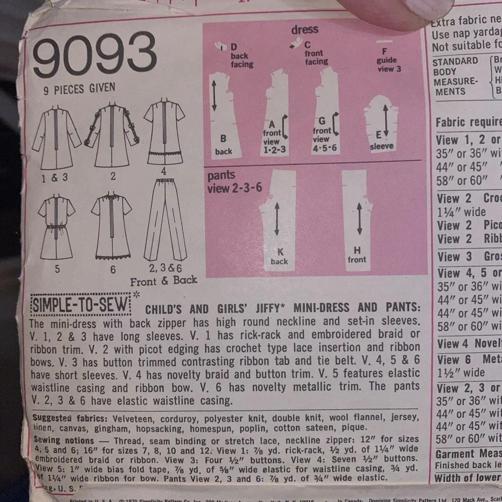 Simplicity 9093 70s vintage childrens outfit sewing pattern dress tunic pants 6